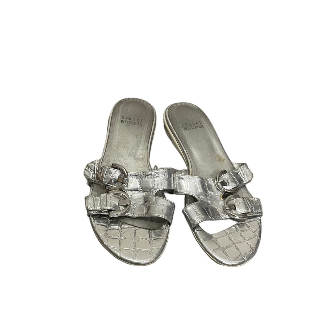 Stuart Weitzman Silver Metalic Double Buckle Strap Slide Sandals 5.5